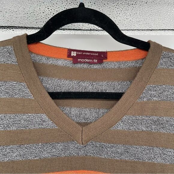 Blair Underwood Men’s Large Modern Fit Orange Brown Striped V-Neck Sweater - Picture 3 of 12